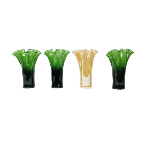 498 - MURANO STYLE GLASS VASES, a collection of four, 3 in green and 1 in peach, 30.5cm H at tallest appro... 