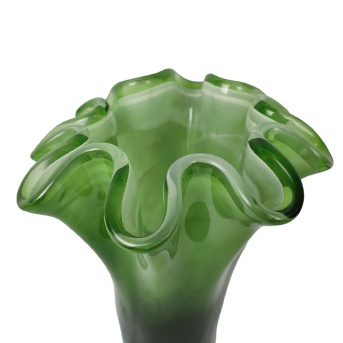 498 - MURANO STYLE GLASS VASES, a collection of four, 3 in green and 1 in peach, 30.5cm H at tallest appro... 