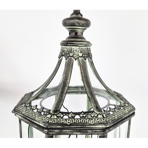 363 - LANTERNS, a pair, Georgian style, verdigris finish metal and glass, 73cm H x 30cm W. (2)