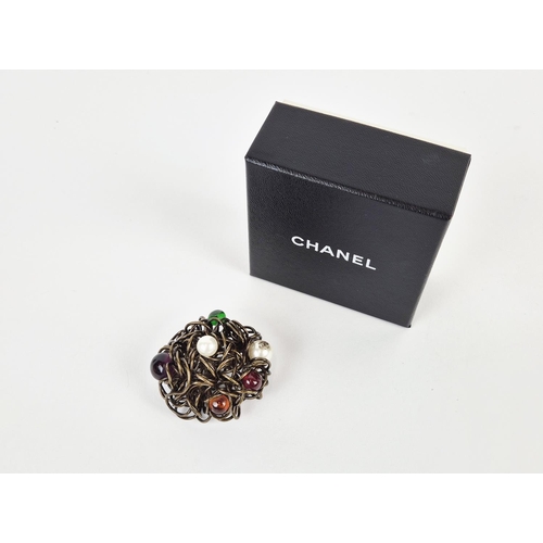 13 - CHANEL BROOCH, bronze tone metal with encrusted faux pearls and stones, with safety pin closure, wit... 