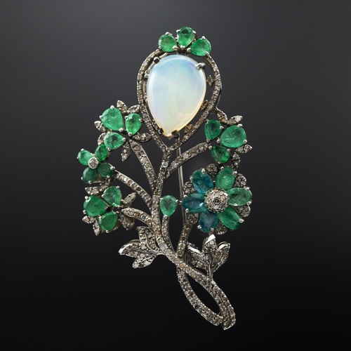 134 - Foliate bar pin brooch set with a cabochon pear shaped opal, pear-shaped emeralds and diamonds, in s... 