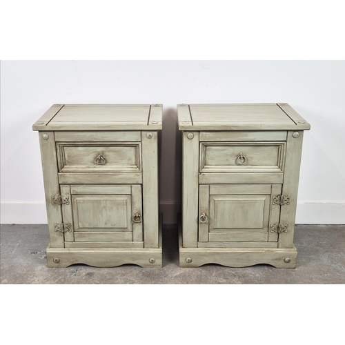 269 - BEDSIDE CABINETS, a pair, grey painted, each with drawer and door, 67cm H x 53cm x 38cm. (2)