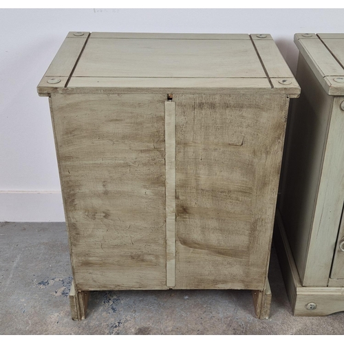 269 - BEDSIDE CABINETS, a pair, grey painted, each with drawer and door, 67cm H x 53cm x 38cm. (2)