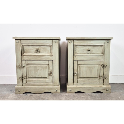 269 - BEDSIDE CABINETS, a pair, grey painted, each with drawer and door, 67cm H x 53cm x 38cm. (2)