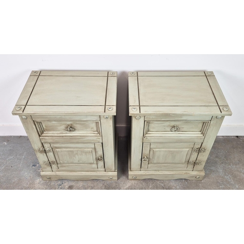 269 - BEDSIDE CABINETS, a pair, grey painted, each with drawer and door, 67cm H x 53cm x 38cm. (2)