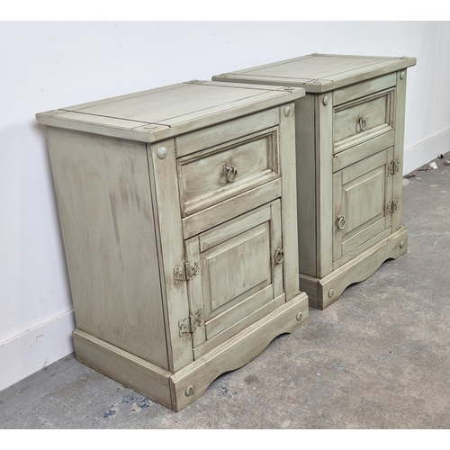 269 - BEDSIDE CABINETS, a pair, grey painted, each with drawer and door, 67cm H x 53cm x 38cm. (2)