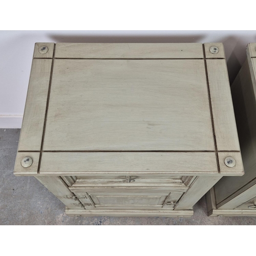 269 - BEDSIDE CABINETS, a pair, grey painted, each with drawer and door, 67cm H x 53cm x 38cm. (2)