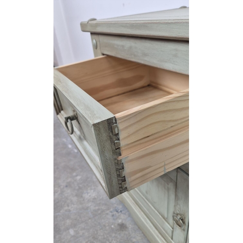 269 - BEDSIDE CABINETS, a pair, grey painted, each with drawer and door, 67cm H x 53cm x 38cm. (2)