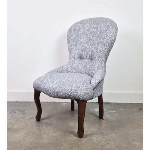 270 - SLIPPER CHAIR, French style in patterned blue fabric, 91cm H x 56cm x 67cm.