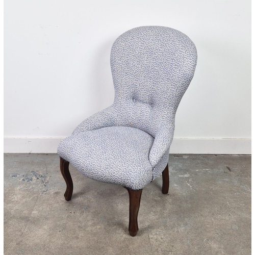 270 - SLIPPER CHAIR, French style in patterned blue fabric, 91cm H x 56cm x 67cm.