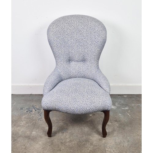 270 - SLIPPER CHAIR, French style in patterned blue fabric, 91cm H x 56cm x 67cm.