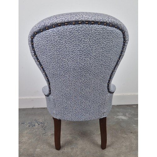 270 - SLIPPER CHAIR, French style in patterned blue fabric, 91cm H x 56cm x 67cm.