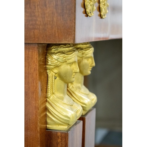 272 - CONSOLE TABLE, Empire style mahogany and gilt metal mounted with verde antico marble top above three... 