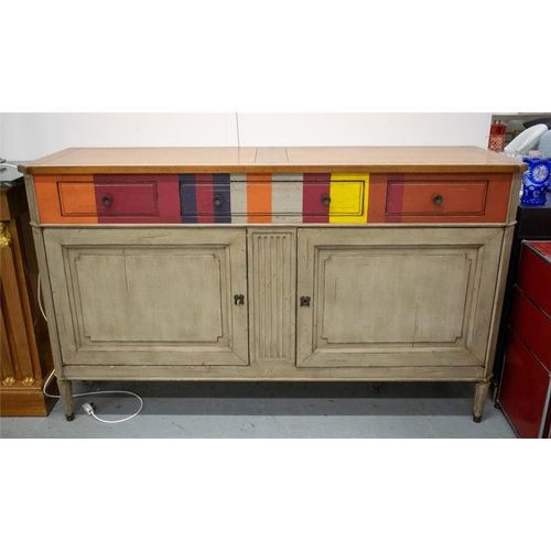 273 - SIDEBOARD, Louis XVI style multicolour painted and cherrywood, possibly by Grange with three drawers... 