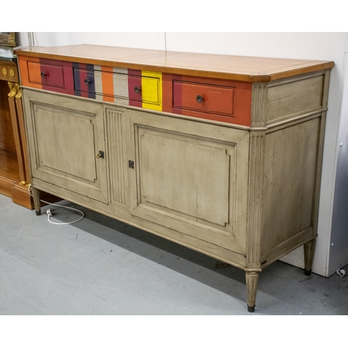 273 - SIDEBOARD, Louis XVI style multicolour painted and cherrywood, possibly by Grange with three drawers... 