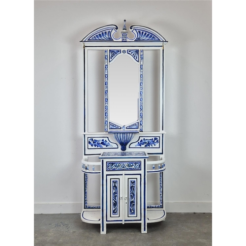 300 - HALL STAND, blue and white floral painted decoration, with mirror and coat hooks, single drawer and ... 