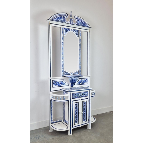 300 - HALL STAND, blue and white floral painted decoration, with mirror and coat hooks, single drawer and ... 