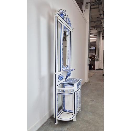 300 - HALL STAND, blue and white floral painted decoration, with mirror and coat hooks, single drawer and ... 