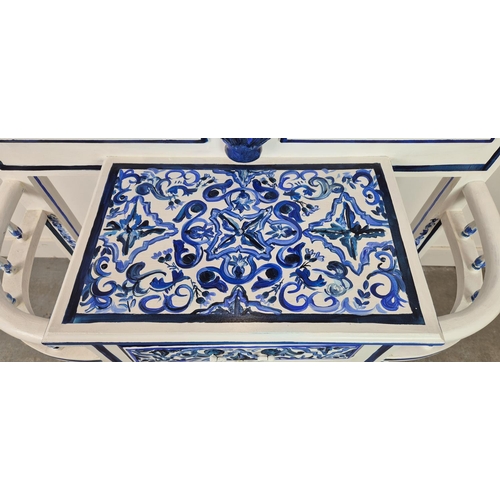 300 - HALL STAND, blue and white floral painted decoration, with mirror and coat hooks, single drawer and ... 