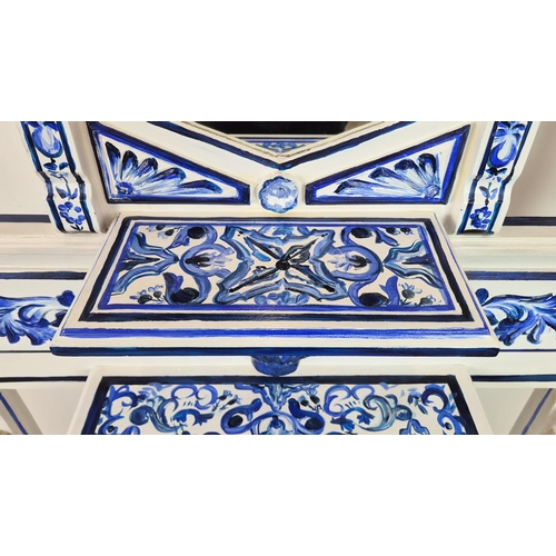 300 - HALL STAND, blue and white floral painted decoration, with mirror and coat hooks, single drawer and ... 