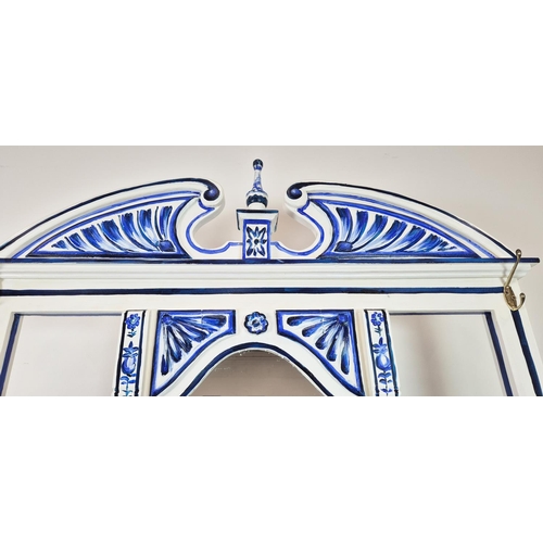 300 - HALL STAND, blue and white floral painted decoration, with mirror and coat hooks, single drawer and ... 