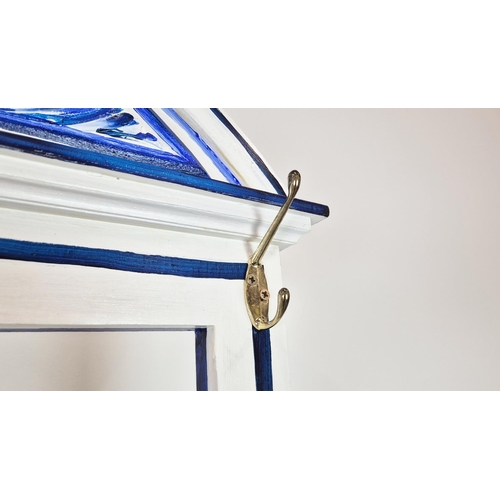 300 - HALL STAND, blue and white floral painted decoration, with mirror and coat hooks, single drawer and ... 