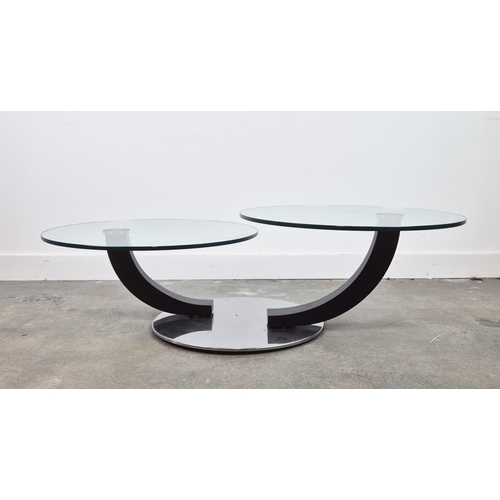 303 - COFFEE TABLE, two glass circles, swivel action, each circle 70cm diam.