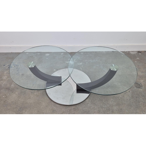 303 - COFFEE TABLE, two glass circles, swivel action, each circle 70cm diam.