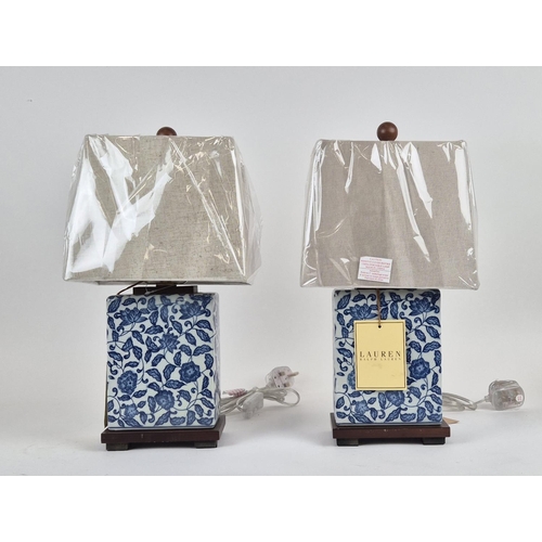 31 - LAUREN RALPH LAUREN HOME TABLE LAMPS, a pair, blue and white ceramic, with shades 44cm H approx. (2)