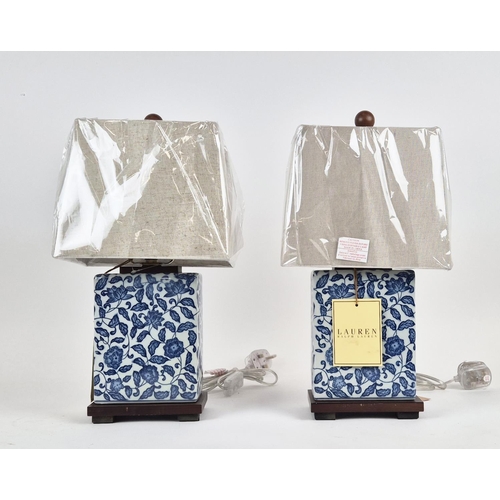 31 - LAUREN RALPH LAUREN HOME TABLE LAMPS, a pair, blue and white ceramic, with shades 44cm H approx. (2)