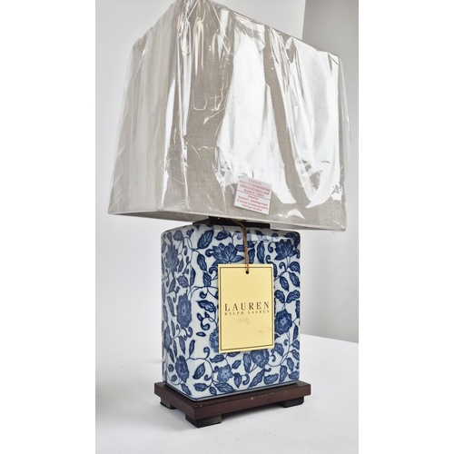 31 - LAUREN RALPH LAUREN HOME TABLE LAMPS, a pair, blue and white ceramic, with shades 44cm H approx. (2)