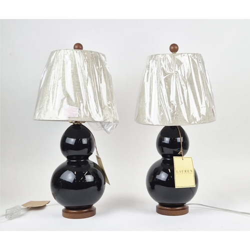 32 - LAUREN RALPH LAUREN HOME TABLE LAMPS, a pair, double gourd form, black ceramic, with shades, 53cm H ... 