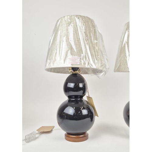 32 - LAUREN RALPH LAUREN HOME TABLE LAMPS, a pair, double gourd form, black ceramic, with shades, 53cm H ... 