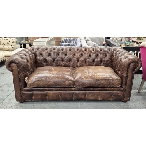 344 - SOFA, Chesterfield style, brown leather upholstered, 250cm W approx.