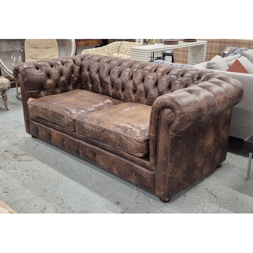 344 - SOFA, Chesterfield style, brown leather upholstered, 250cm W approx.