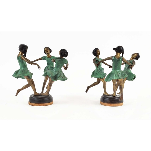 349 - CONTEMPORARY DANCING FIGURAL GROUP SCULPTURES, a pair, cast metal, 25cm H x 23cm W. (2)