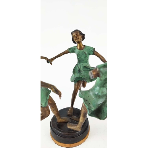 349 - CONTEMPORARY DANCING FIGURAL GROUP SCULPTURES, a pair, cast metal, 25cm H x 23cm W. (2)