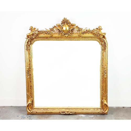 353 - OVERMANTEL, bevelled plate within ornate gilt frame with cherubs, 140cm H x 116cm W.