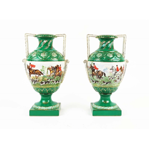 354 - HUNTING SCENE VASES, a pair, green glazed ceramic, 38cm H x 21cm W. (2)