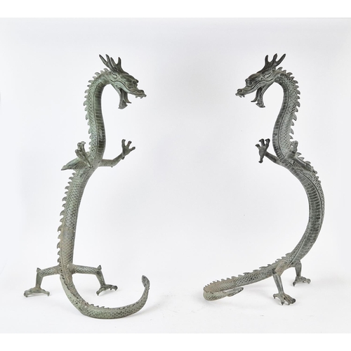 365 - DRAGON SCULPTURES, a pair, cast metal in a faux verdigris finish, 80cm H. (2)