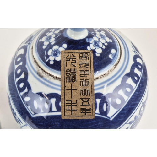 367 - TEA JARS, a pair, blue and white glazed ceramic, lids fixed, 37cm H x 20cm W. (2)