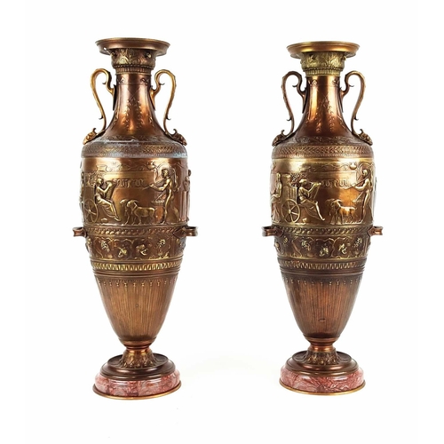 372 - AMPHORA VASES, a pair, neoclassical design bronze, on marble bases, 62cm H x 20cm W. (2)