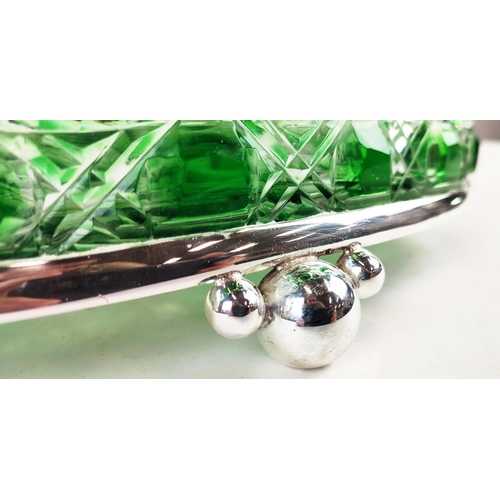 375 - CASKET, Art Deco style polished metal with cut green glass, 20cm H x 28cm W x 16cm D.