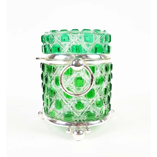 375 - CASKET, Art Deco style polished metal with cut green glass, 20cm H x 28cm W x 16cm D.