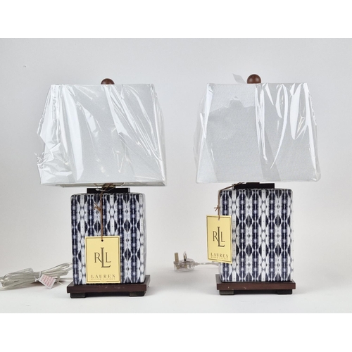 38 - LAUREN RALPH LAUREN HOME TABLE LAMPS, a pair, blue and white patterned ceramic, with shades, 43.5cm ... 