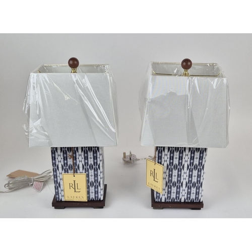 38 - LAUREN RALPH LAUREN HOME TABLE LAMPS, a pair, blue and white patterned ceramic, with shades, 43.5cm ... 