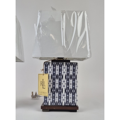 38 - LAUREN RALPH LAUREN HOME TABLE LAMPS, a pair, blue and white patterned ceramic, with shades, 43.5cm ... 