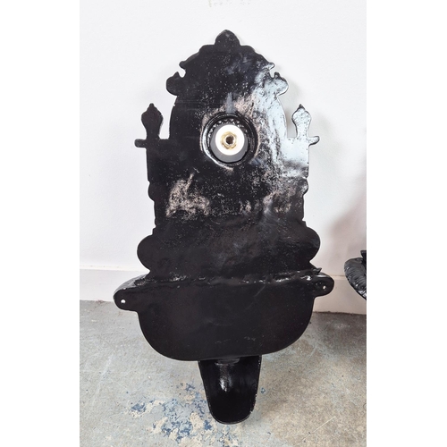 382 - WALL FOUNTAINS, a pair, black painted cast metal, 68cm H x 42cm W. (2)