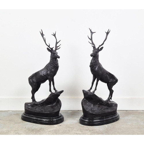 384 - AFTER J MOIGNIEZ STAG SCULPTURES, a pair, cast metal, 72cm H x 37cm W x 20cm D. (2)