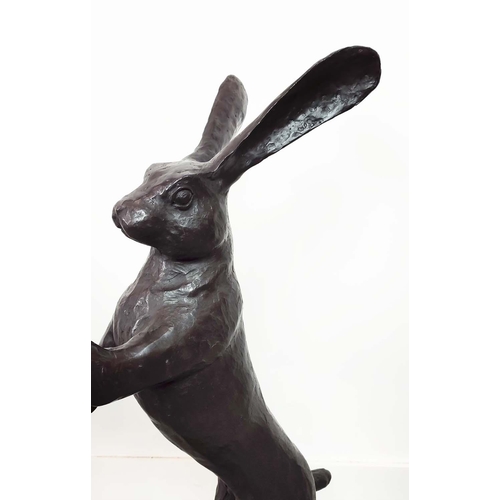 385 - BOXING HARE SCULPTURES, a set of two, cast metal, 86cm H x 33cm W x 53cm D. (2)